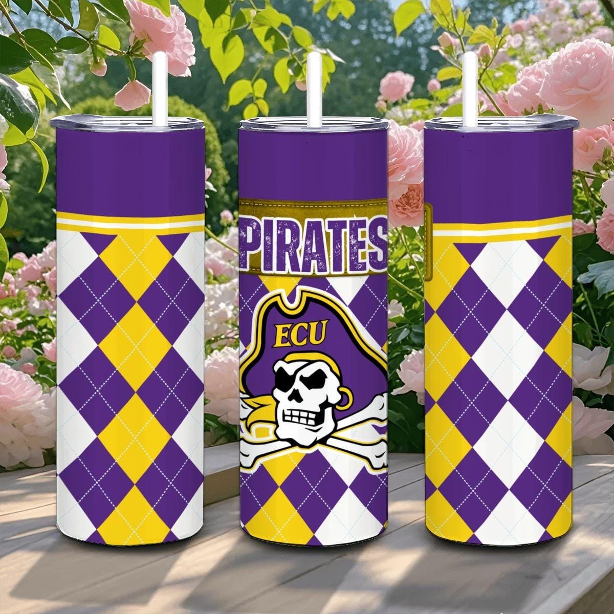 ColorFlow | East Carolina Pirates Inspired 20oz Straight Stainless Tumbler | Purple Gold Style | Personalization Optional