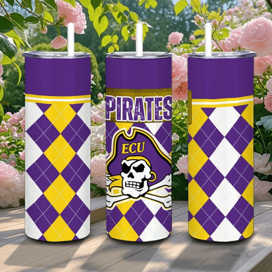 ColorFlow | East Carolina Pirates Inspired 20oz Straight Stainless Tumbler | Purple Gold Style | Personalization Optional