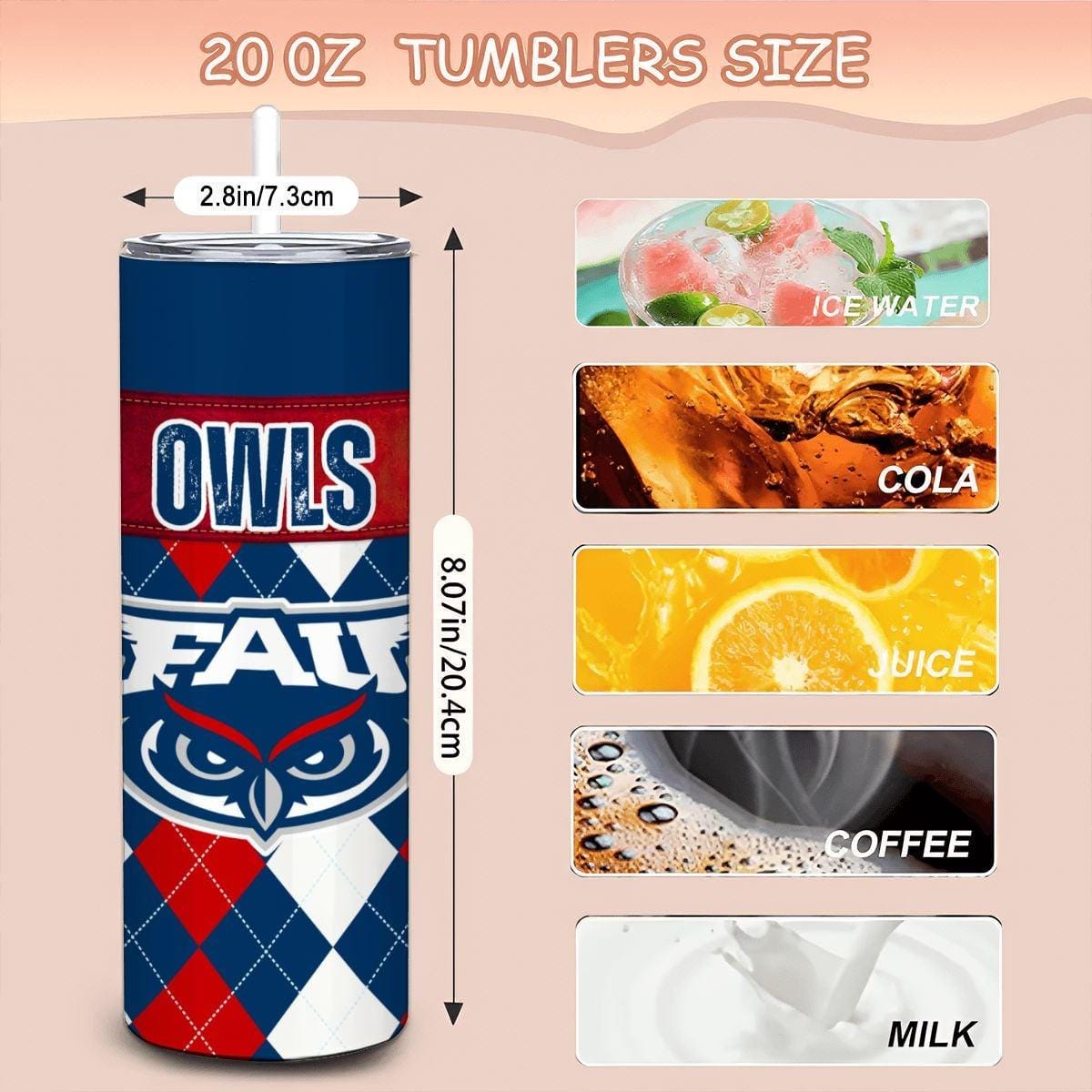 ColorFlow | Florida Atlantic Owls Inspired 20oz Straight Tumbler | College Spirit Drinkware | Personalization Optional