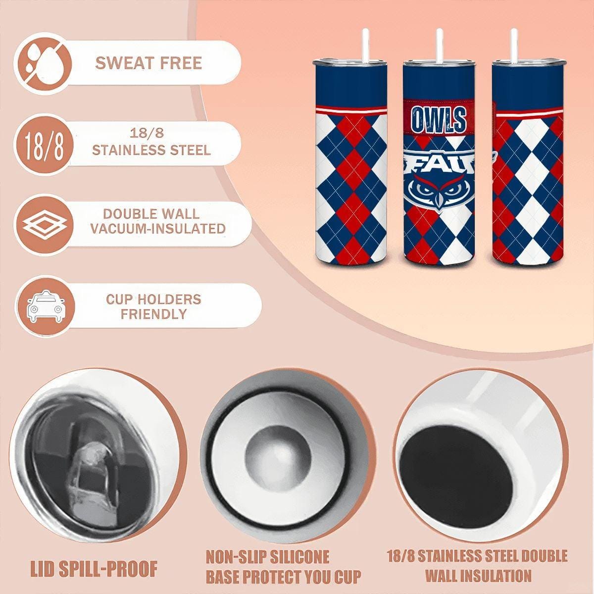 ColorFlow | Florida Atlantic Owls Inspired 20oz Straight Tumbler | College Spirit Drinkware | Personalization Optional