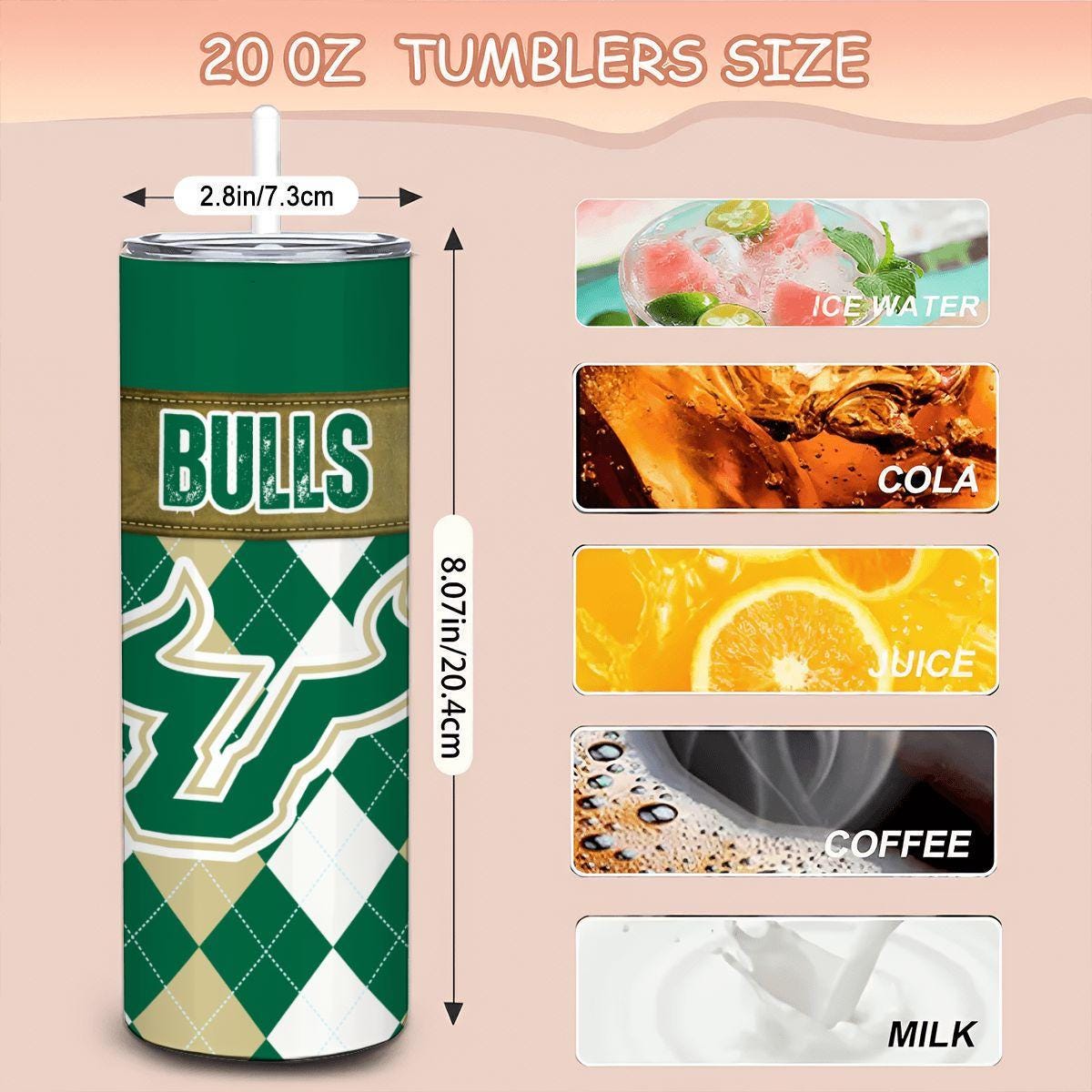 ColorFlow | South Florida Bulls Inspired 20oz Straight Stainless Tumbler | Green Gold Style | Personalization Optional