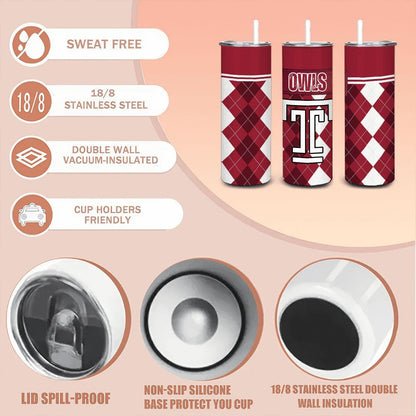 ColorFlow | Temple Owls Inspired 20oz Straight Tumbler | Crimson Team Colors | Personalization Optional