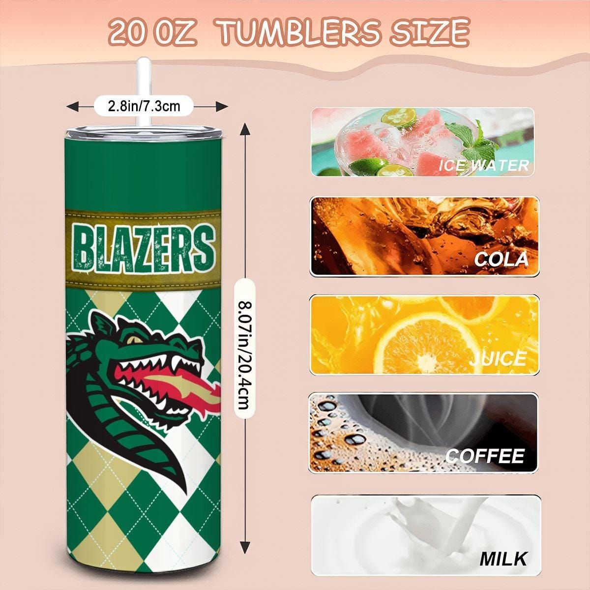 ColorFlow | UAB Blazers Inspired 20oz Straight Stainless Tumbler | Bold Green Gold Look | Personalization Optional