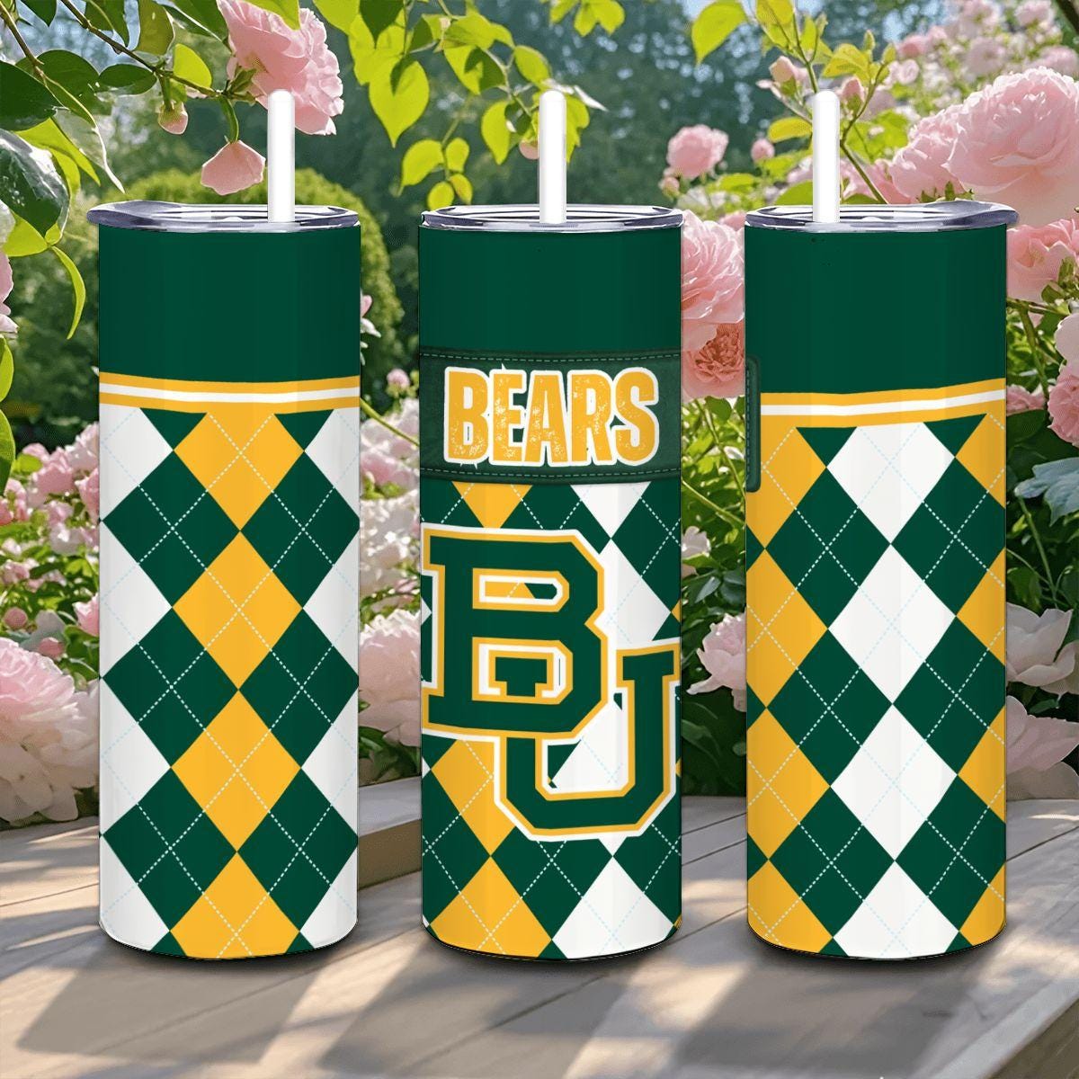ColorFlow | Baylor Bears Inspired 20oz Straight Stainless Tumbler | Green Gold Collegiate Style | Personalization Optional