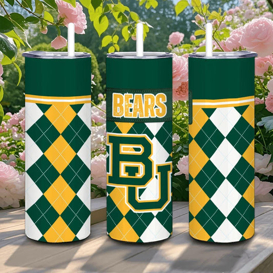 ColorFlow | Baylor Bears Inspired 20oz Straight Stainless Tumbler | Green Gold Collegiate Style | Personalization Optional