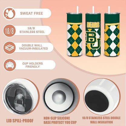 ColorFlow | Baylor Bears Inspired 20oz Straight Stainless Tumbler | Green Gold Collegiate Style | Personalization Optional