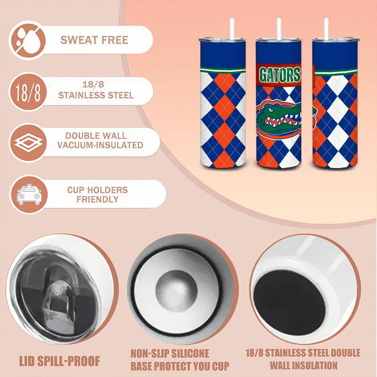 ColorFlow | Florida Gators Inspired 20oz Straight Stainless Tumbler | Blue Orange Spirit Style | Personalization Optional
