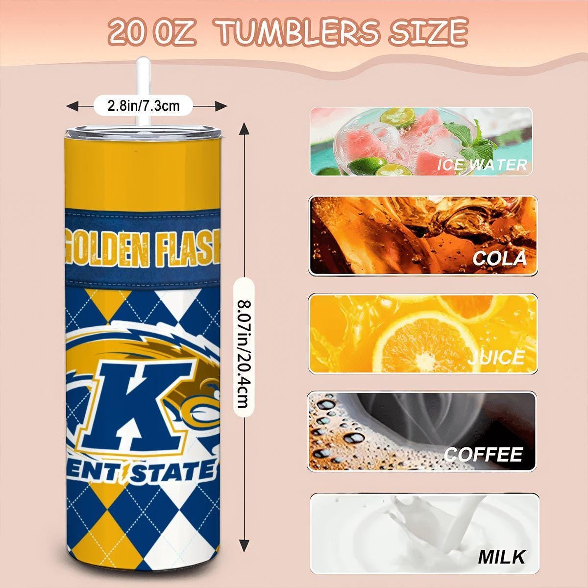ColorFlow | Kent State Golden Flashes Inspired 20oz Straight Stainless Tumbler | Navy Gold Collegiate Style | Personalization Optional