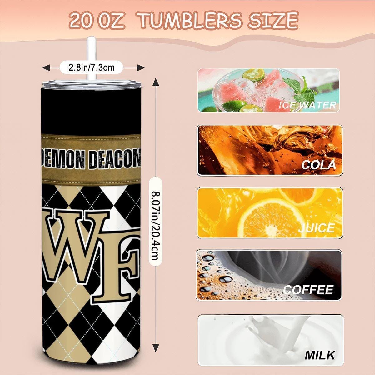 ColorFlow | Wake Forest Demon Deacons Inspired 20oz Straight Stainless Tumbler | Black Gold Collegiate Style | Personalization Optional