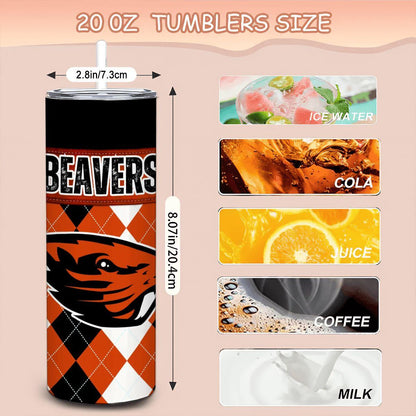 ColorFlow | Oregon State Beavers Inspired 20oz Straight Stainless Tumbler | Orange Black Diamond Style | Personalization Optional