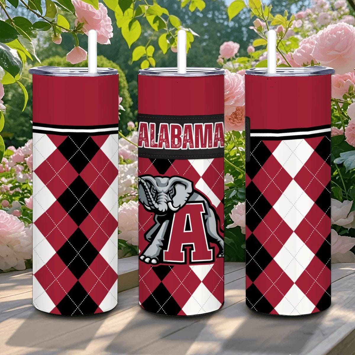 ColorFlow | Alabama Crimson Tide Inspired 20oz Straight Stainless Tumbler | Crimson Power Diamond Design | Personalization Optional