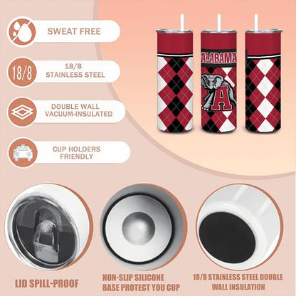 ColorFlow | Alabama Crimson Tide Inspired 20oz Straight Stainless Tumbler | Crimson Power Diamond Design | Personalization Optional
