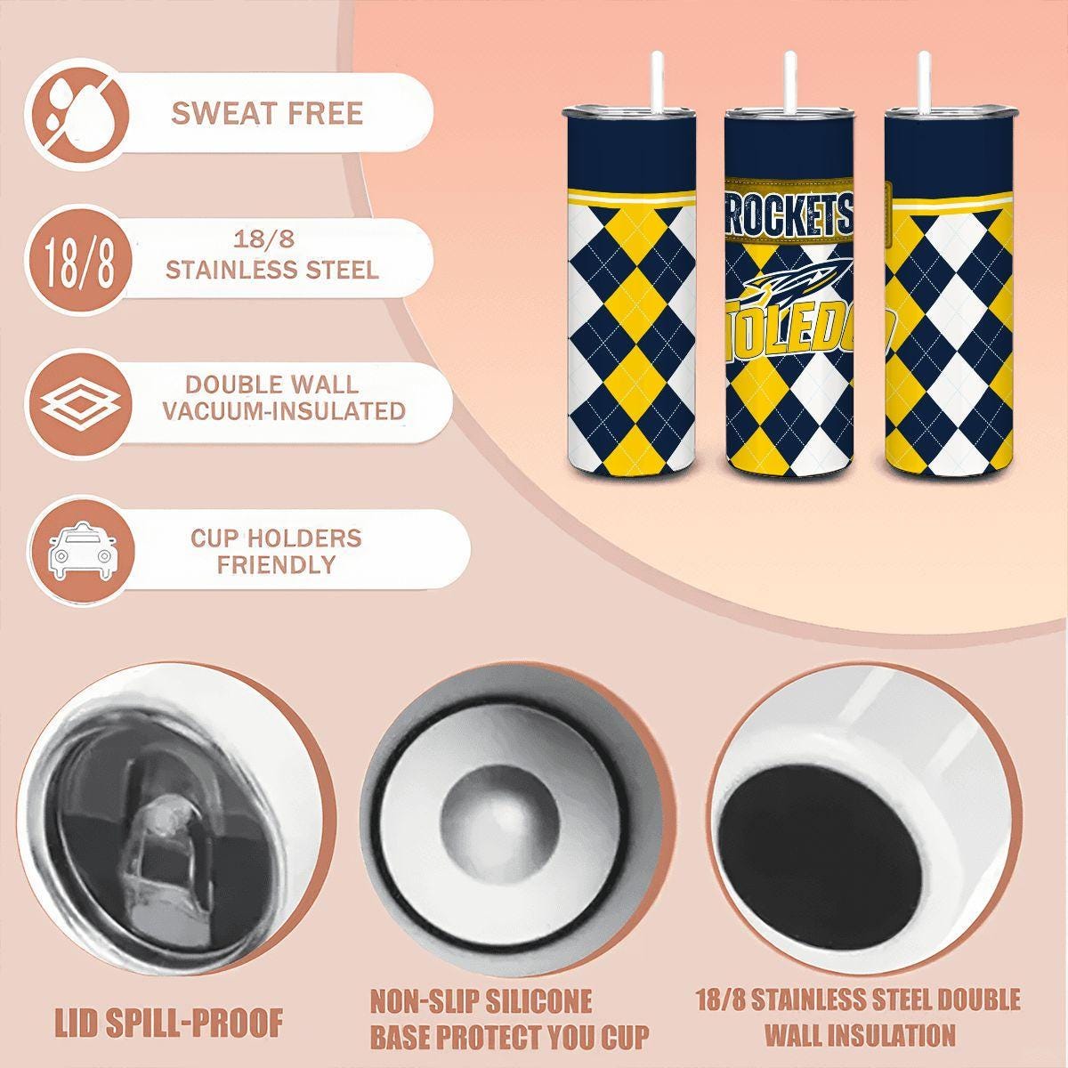 ColorFlow | Toledo Rockets Inspired 20oz Straight Tumbler | Navy Gold Collegiate Energy | Personalization Optional