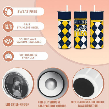 ColorFlow | Toledo Rockets Inspired 20oz Straight Tumbler | Navy Gold Collegiate Energy | Personalization Optional