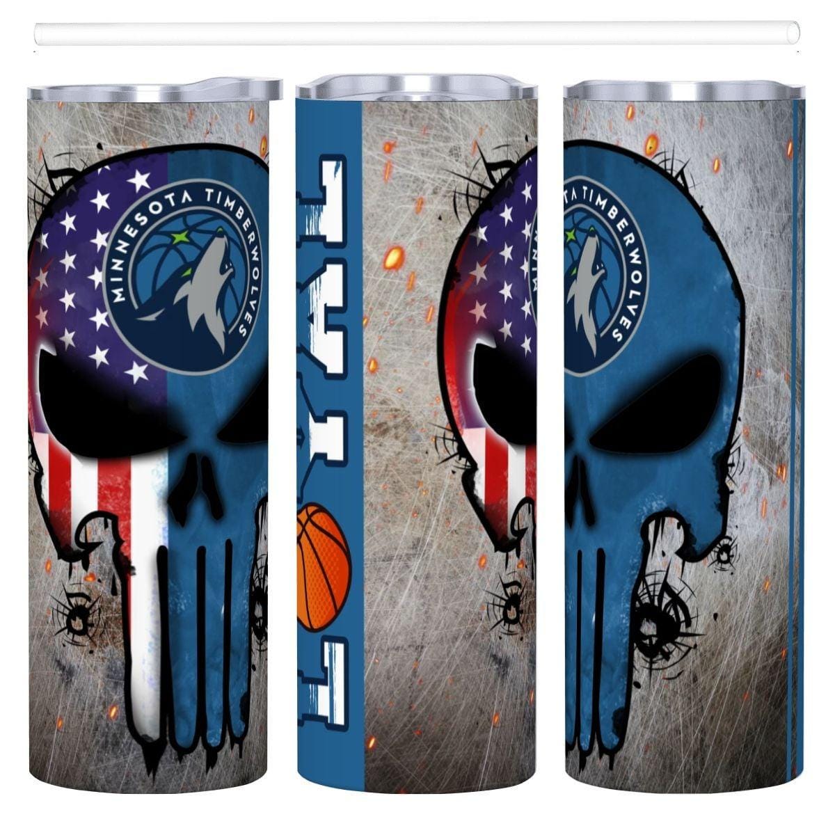 ColorFlow | Minnesota Basketball Inspired 20oz Straight Tumbler | Timber Wolf Skull American Flag Design | Personalization Optional