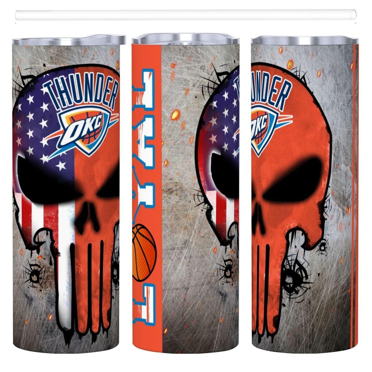ColorFlow | Oklahoma City Basketball Inspired 20oz Straight Tumbler | Thunder Skull American Flag Design | Personalization Optional