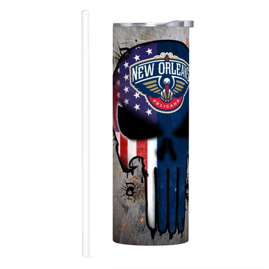 ColorFlow | New Orleans Basketball Inspired 20oz Straight Tumbler | Pelicans Skull American Flag Design | Personalization Optional