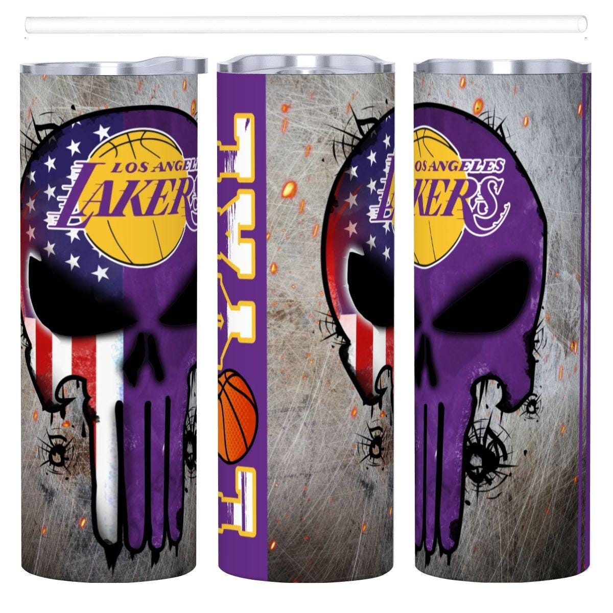 ColorFlow | Los Angeles Basketball Inspired 20oz Straight Tumbler | Lakers Skull American Flag Design | Personalization Optional