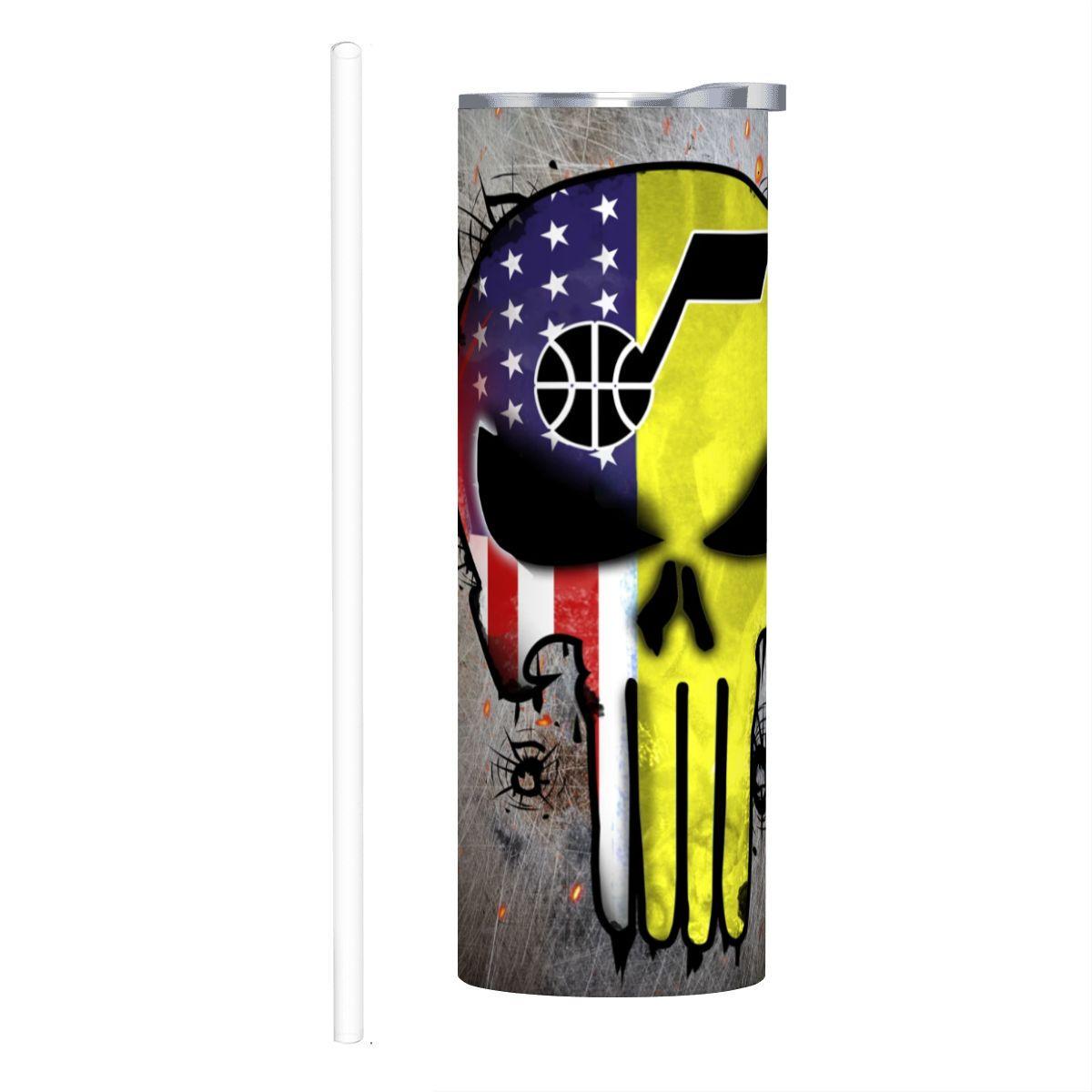 ColorFlow | Utah Basketball Inspired 20oz Straight Tumbler | Jazz Skull American Flag Design | Personalization Optional