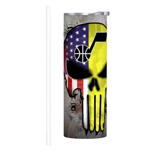 ColorFlow | Utah Basketball Inspired 20oz Straight Tumbler | Jazz Skull American Flag Design | Personalization Optional