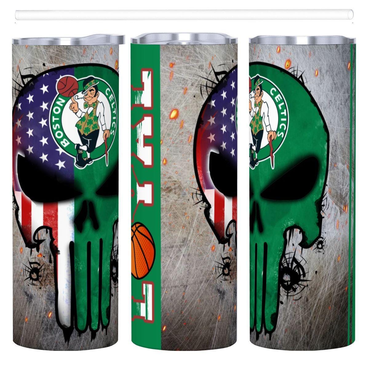 ColorFlow | Boston Basketball Inspired 20oz Straight Tumbler | Celtics Skull American Flag Design | Personalization Optional