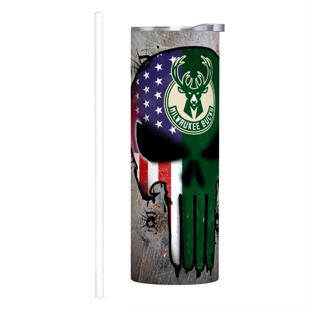 ColorFlow | Milwaukee Basketball Inspired 20oz Straight Tumbler | Bucks Skull American Flag Design | Personalization Optional