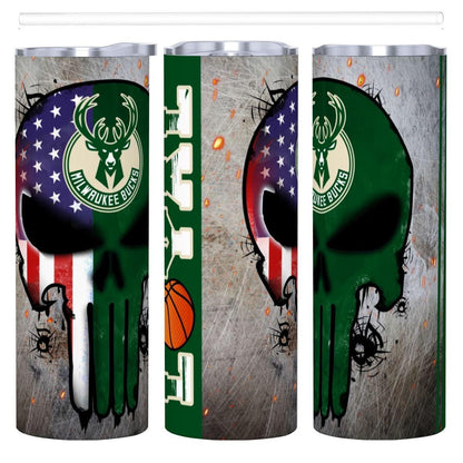 ColorFlow | Milwaukee Basketball Inspired 20oz Straight Tumbler | Bucks Skull American Flag Design | Personalization Optional