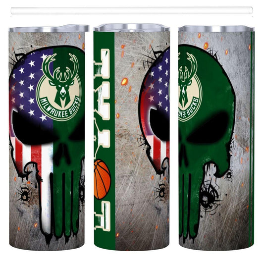 ColorFlow | Milwaukee Basketball Inspired 20oz Straight Tumbler | Bucks Skull American Flag Design | Personalization Optional