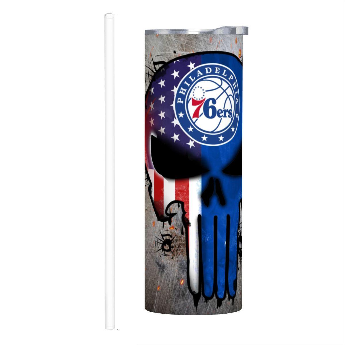ColorFlow | Philadelphia Basketball Inspired 20oz Straight Tumbler | Sixers Skull American Flag Design | Personalization Optional