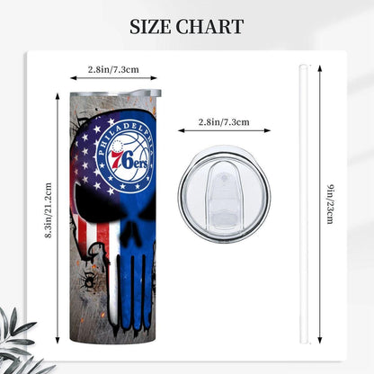 ColorFlow | Philadelphia Basketball Inspired 20oz Straight Tumbler | Sixers Skull American Flag Design | Personalization Optional