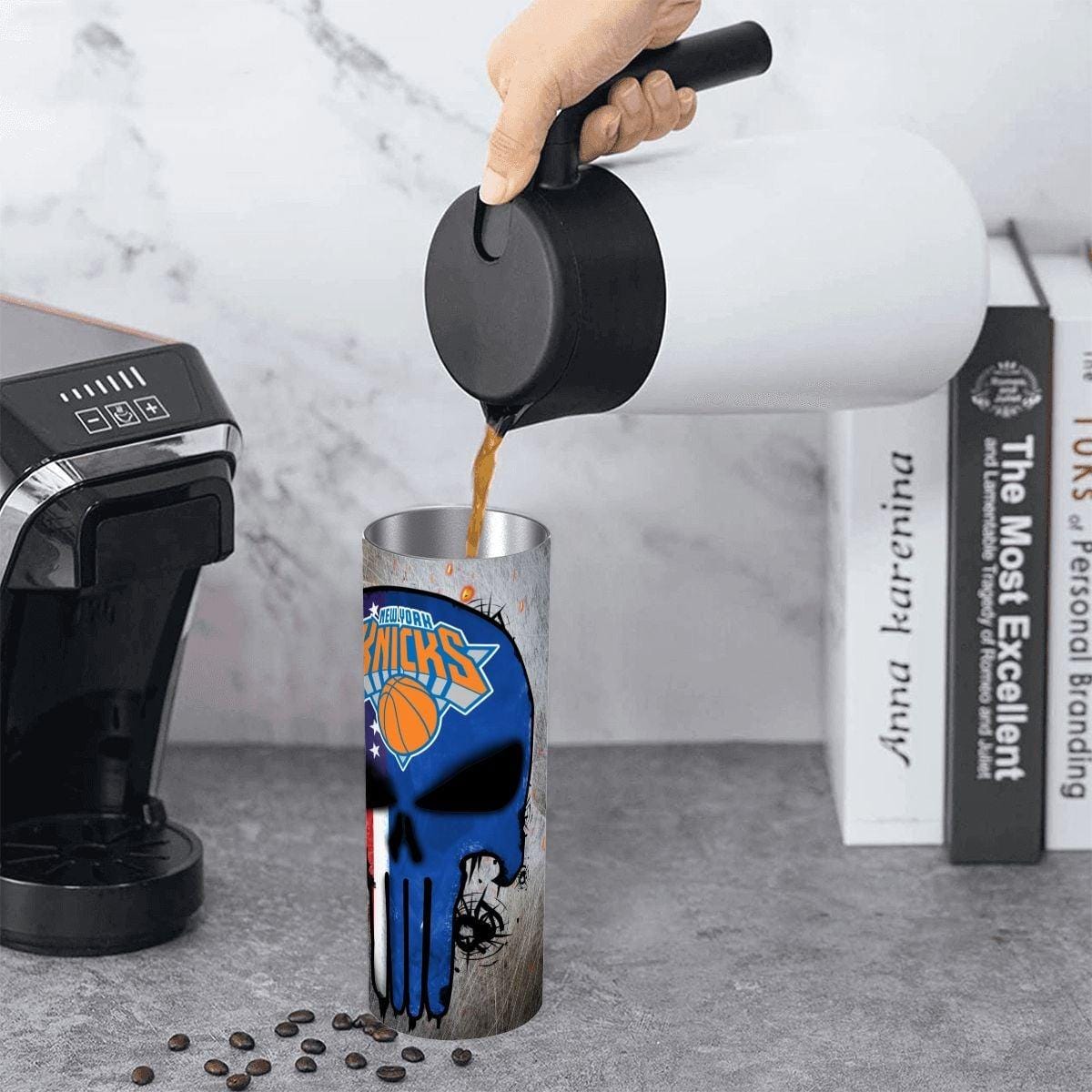 ColorFlow | New York Basketball Inspired 20oz Straight Tumbler | Knicks Skull American Flag Design | Personalization Optional