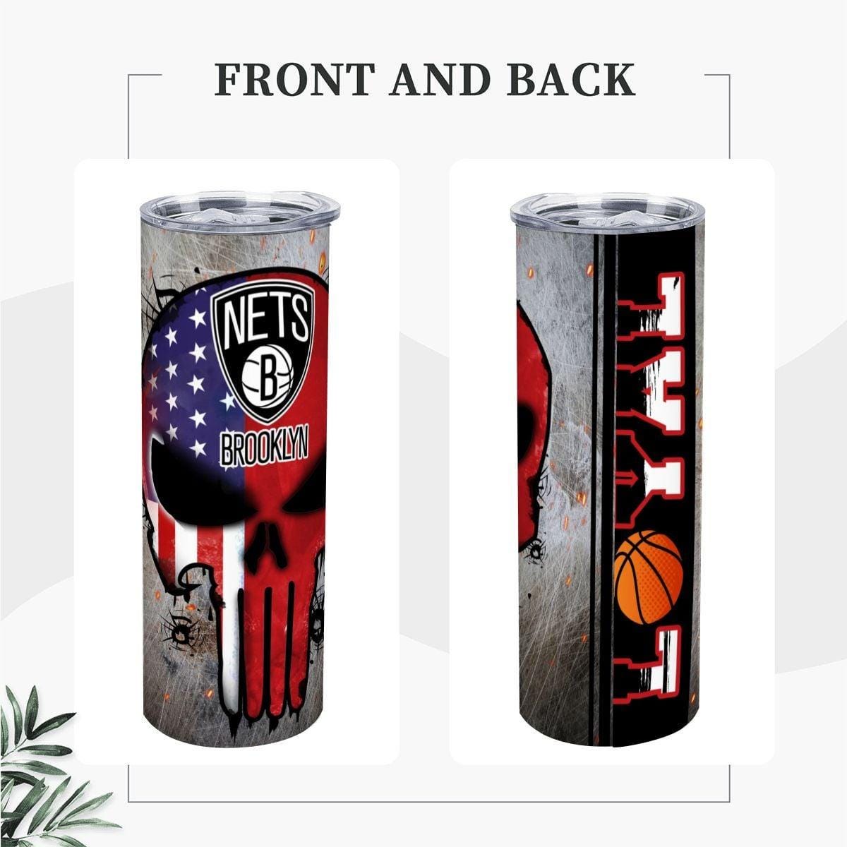 ColorFlow | Brooklyn Basketball Inspired 20oz Straight Tumbler | Nets Skull American Flag Design | Personalization Optional