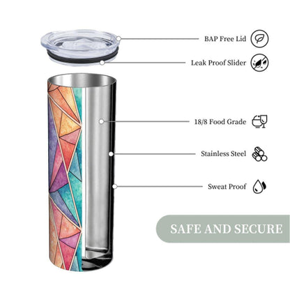ColorFlow | Prism Mosaic 20oz Skinny Stainless Steel Tumbler with Straw | Colorful Geometric Art Travel Cup