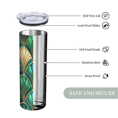 ColorFlow | Emerald Art Deco Scales 20oz Skinny Stainless Steel Tumbler with Straw | Luxe Green Pattern Cup