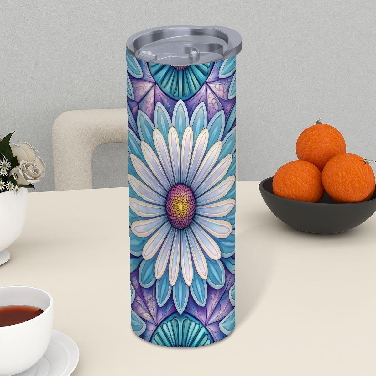 ColorFlow | Blue Lotus Mandala 20oz Skinny Stainless Steel Tumbler with Straw | Floral Stained Glass Design