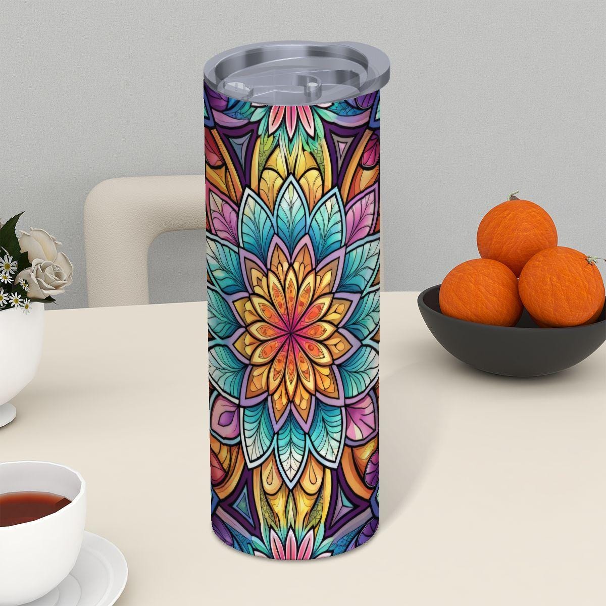 ColorFlow | Radiant Mandala Bloom 20oz Skinny Stainless Steel Tumbler with Straw | Vibrant Sacred Geometry Cup