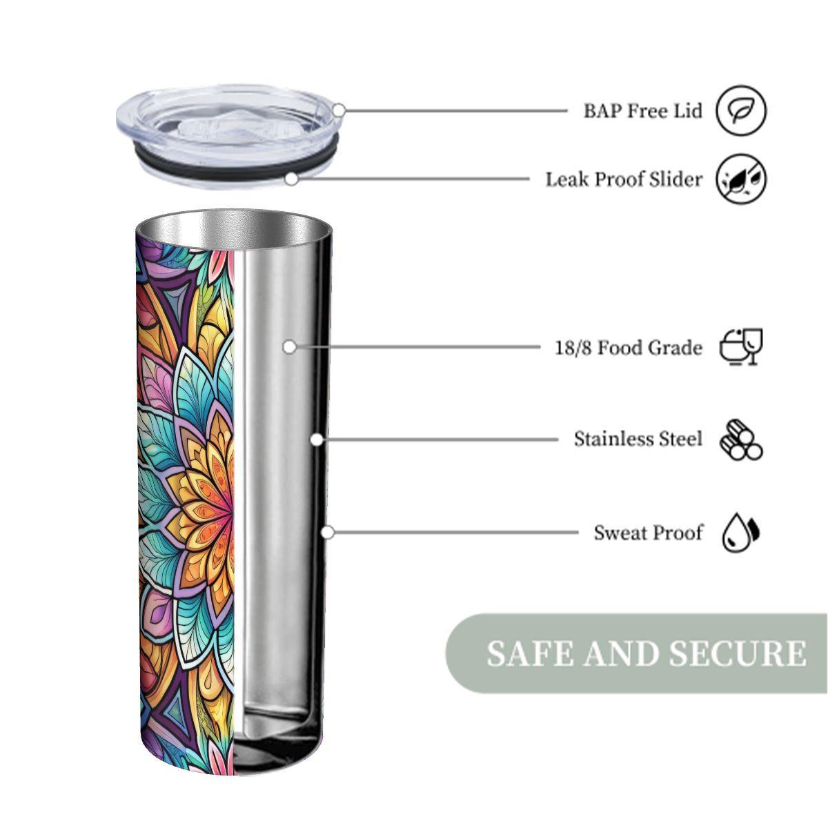 ColorFlow | Radiant Mandala Bloom 20oz Skinny Stainless Steel Tumbler with Straw | Vibrant Sacred Geometry Cup
