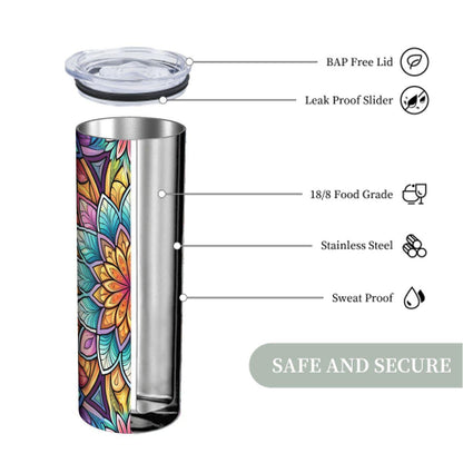 ColorFlow | Radiant Mandala Bloom 20oz Skinny Stainless Steel Tumbler with Straw | Vibrant Sacred Geometry Cup