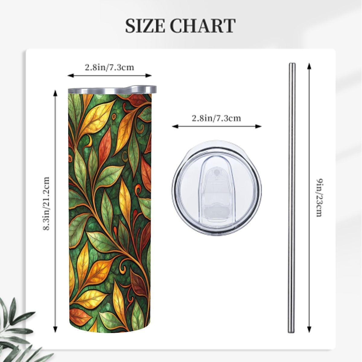ColorFlow | Autumn Vine Leaves 20oz Skinny Stainless Steel Tumbler with Straw | Nature Botanical Pattern Cup
