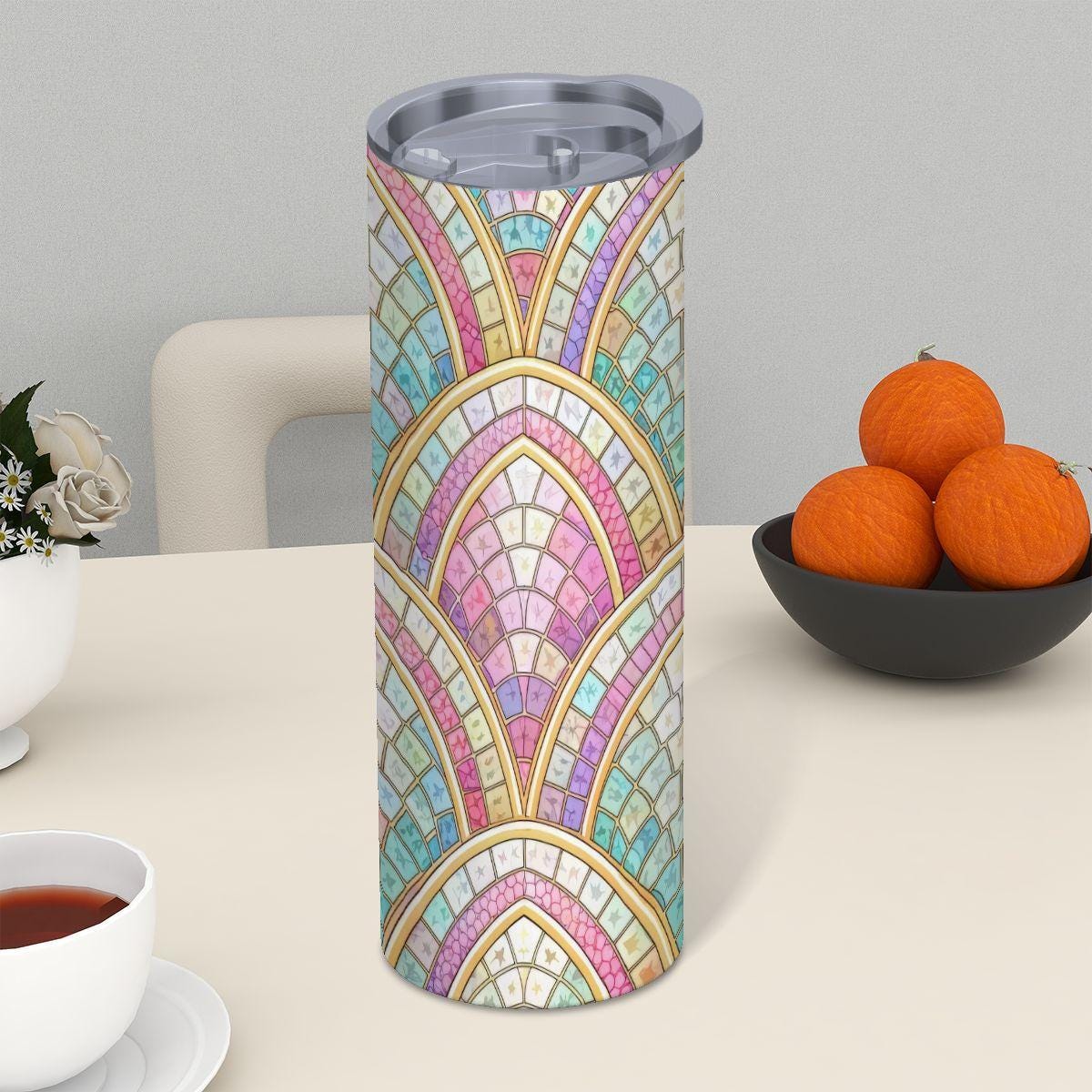 ColorFlow | Pastel Art Deco Arches 20oz Skinny Stainless Steel Tumbler with Straw | Elegant Rainbow Fan Design