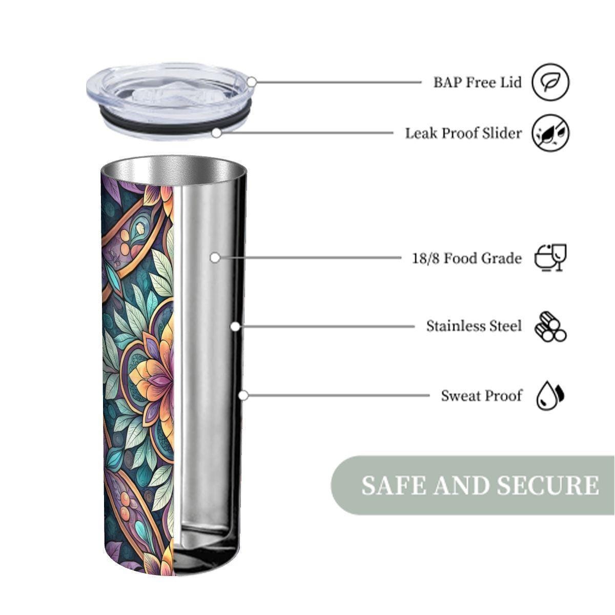 ColorFlow | Midnight Bloom Mandala 20oz Skinny Stainless Steel Tumbler with Straw | Elegant Floral Mosaic Art