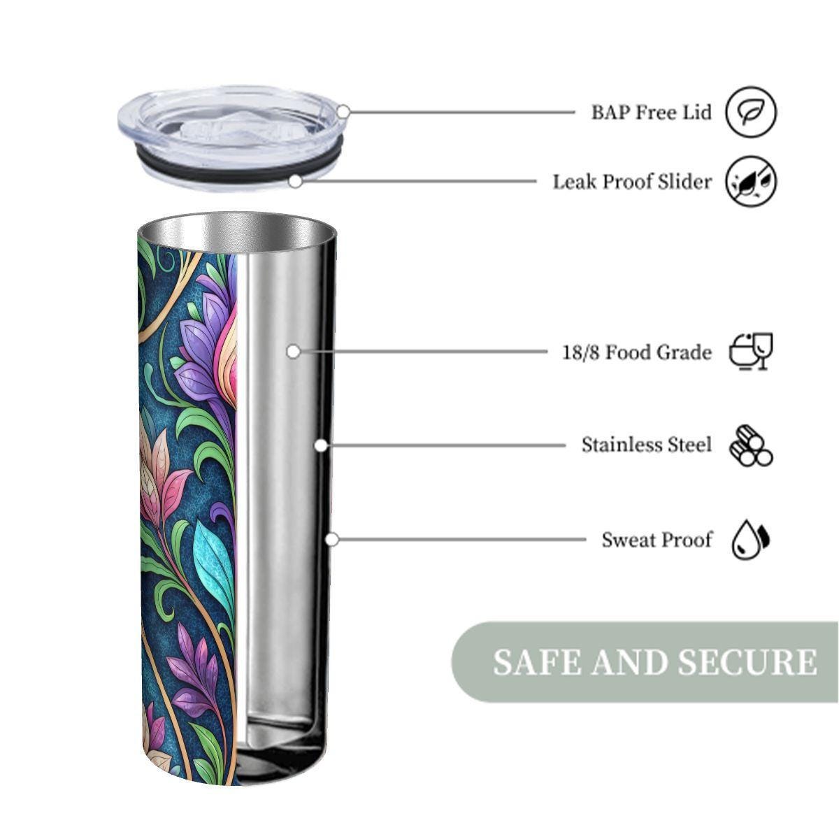 ColorFlow | Enchanted Garden Floral 20oz Skinny Stainless Steel Tumbler with Straw | Whimsical Botanical Art