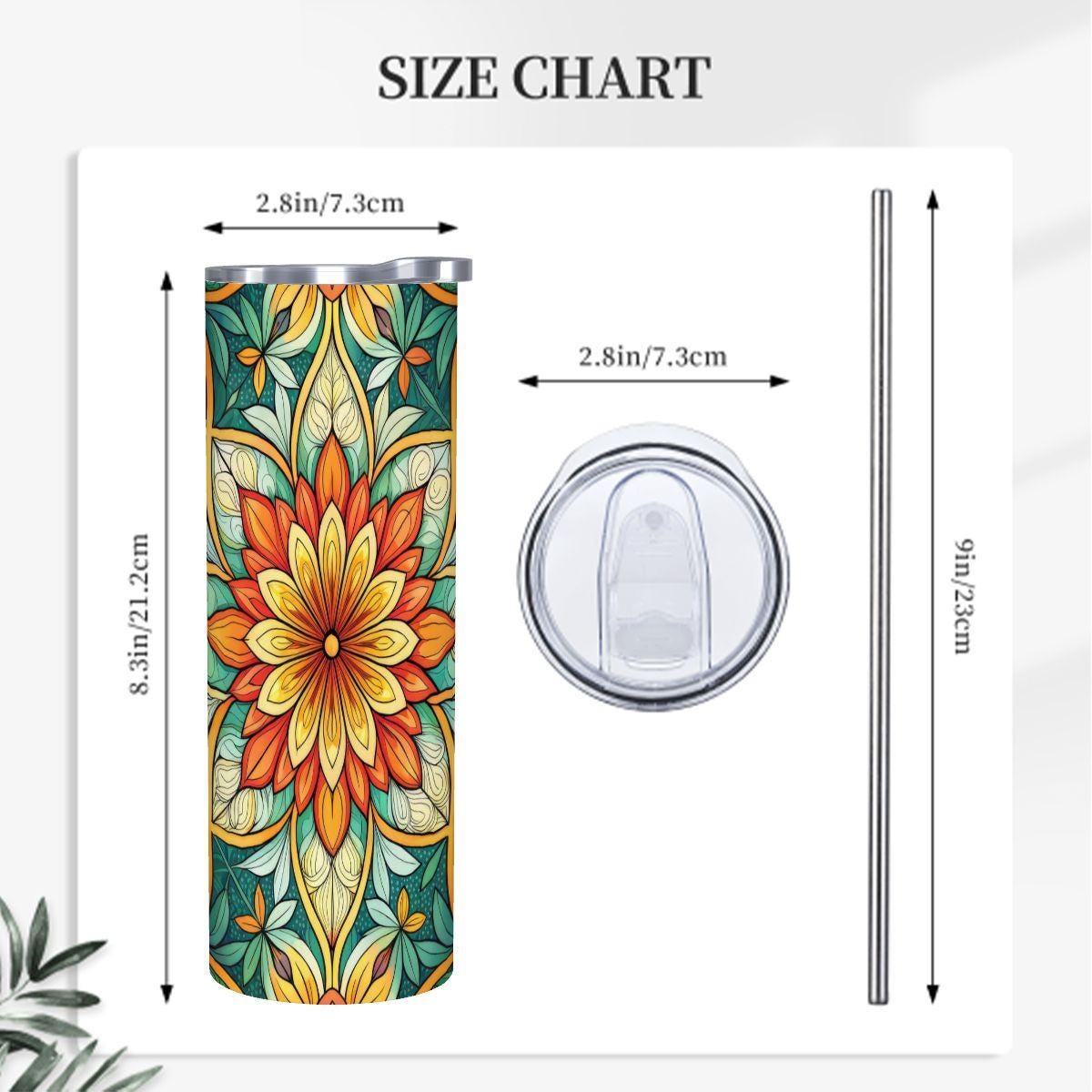 ColorFlow | Sunburst Garden Mandala 20oz Skinny Stainless Steel Tumbler with Straw | Vibrant Floral Geometry Art