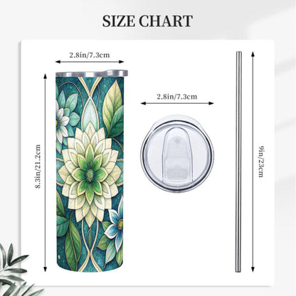 ColorFlow | Tranquil Sage Blossom 20oz Skinny Stainless Steel Tumbler with Straw | Soft Green Botanical Art