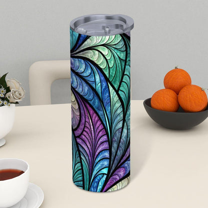 ColorFlow | Ocean Feather Glass 20oz Skinny Stainless Steel Tumbler with Straw | Blue Teal Abstract Leaf Art