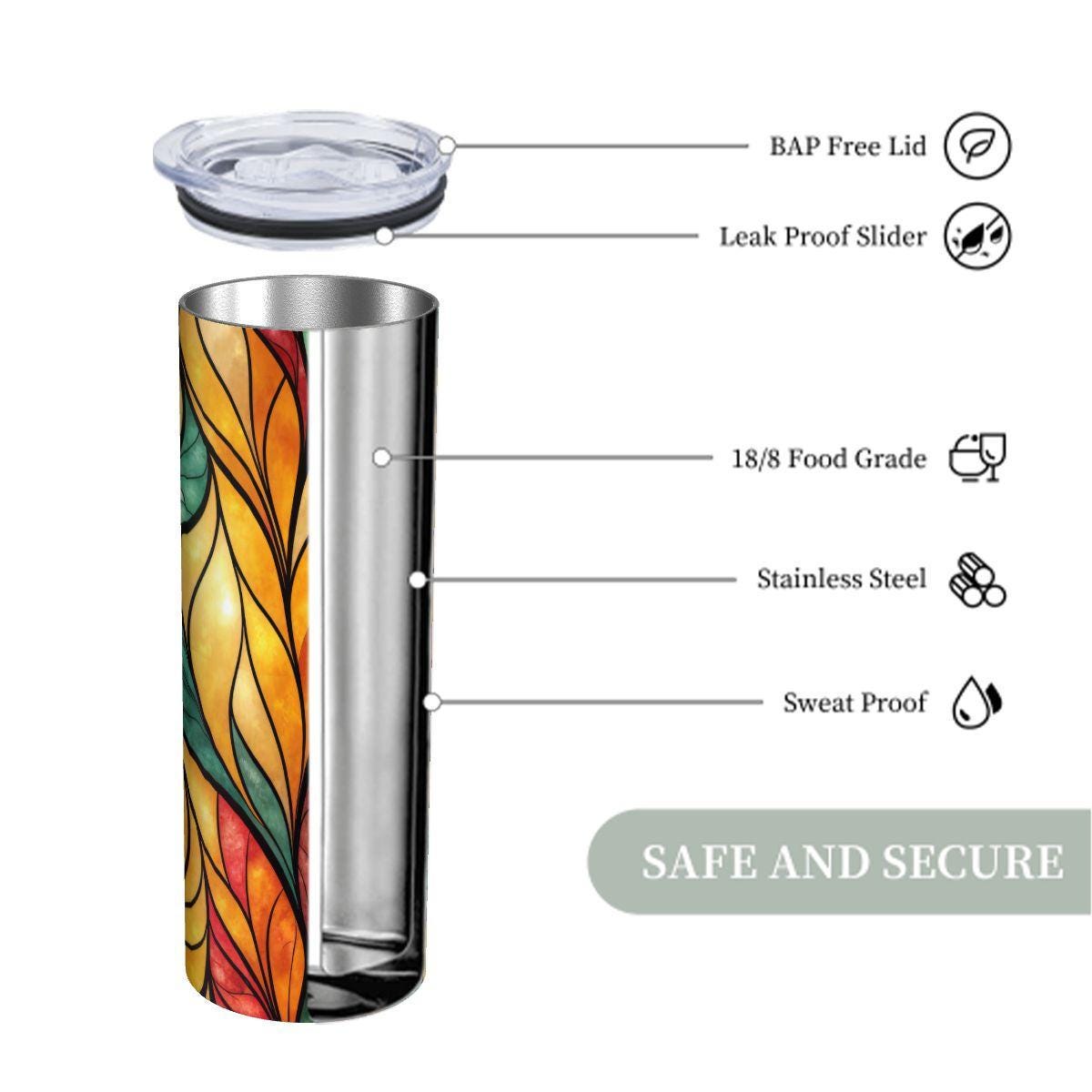 ColorFlow | Golden Ember Leaves 20oz Skinny Stainless Steel Tumbler with Straw | Warm Autumn Stained Glass Design
