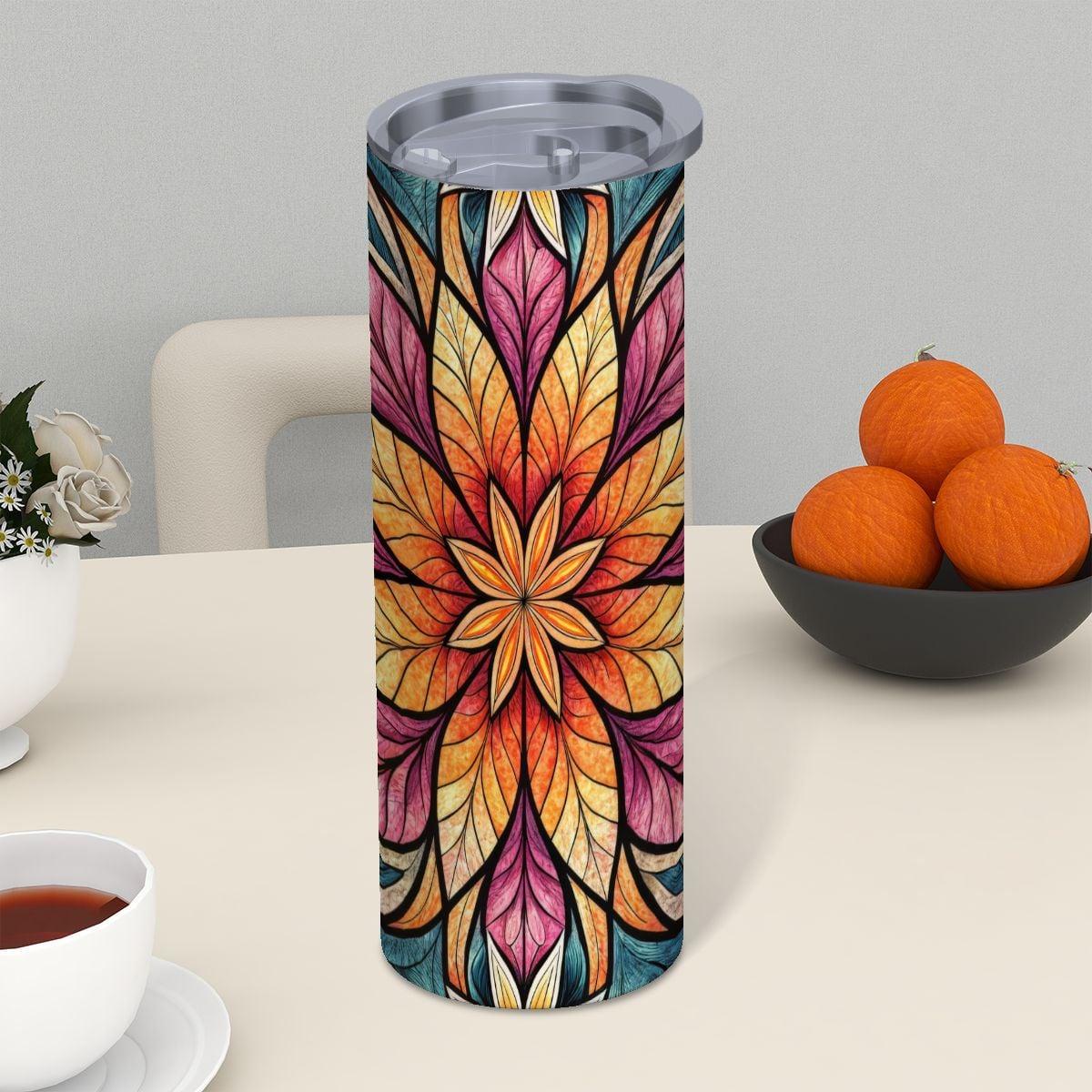 ColorFlow | Radiant Lotus Starburst 20oz Skinny Stainless Steel Tumbler with Straw | Bold Mandala Floral Art