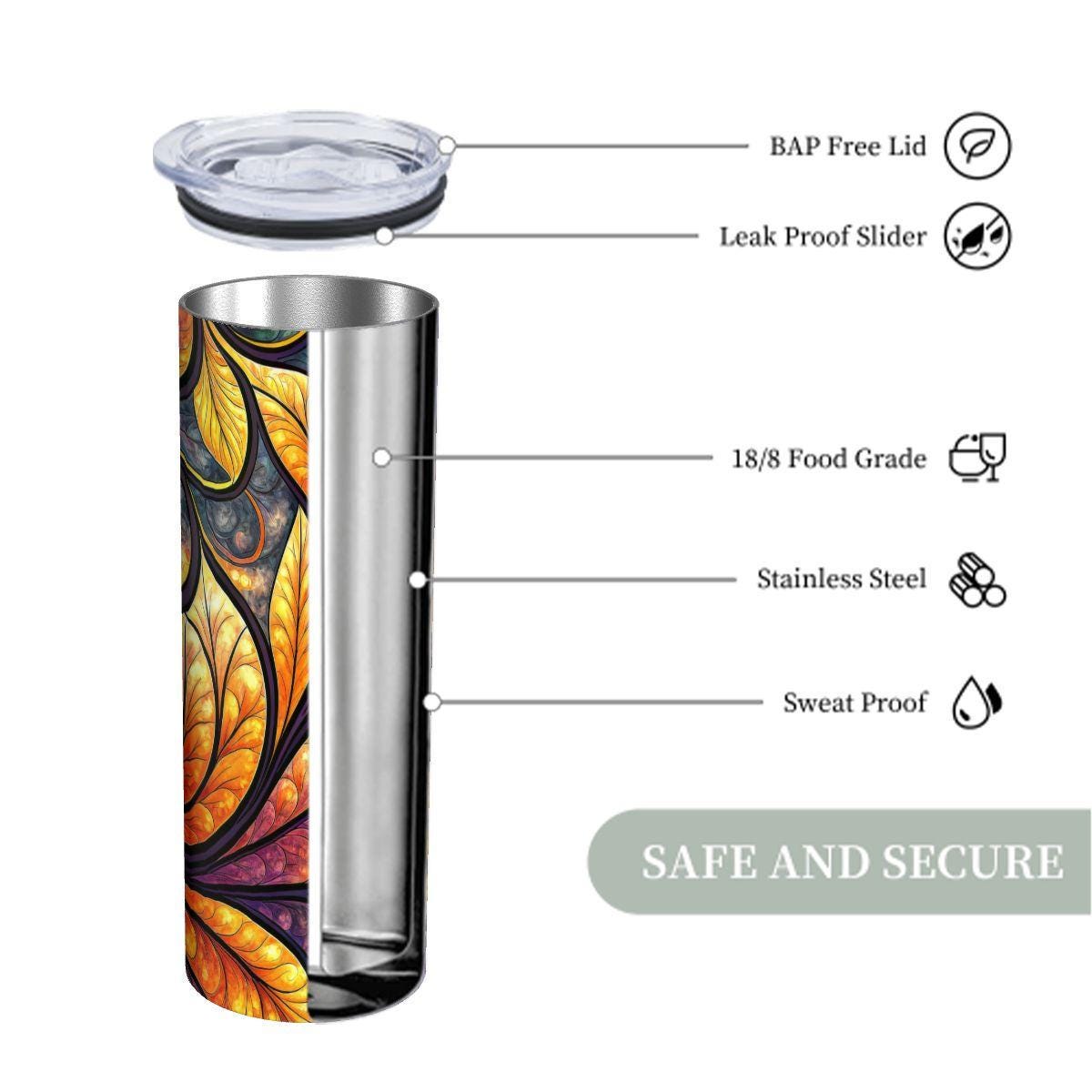 ColorFlow | Ember Glow Botanical Swirl 20oz Skinny Stainless Steel Tumbler with Straw | Vibrant Abstract Leaf Art