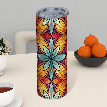ColorFlow | Sunset Petal Mosaic 20oz Skinny Stainless Steel Tumbler with Straw | Warm Floral Geometric Pattern