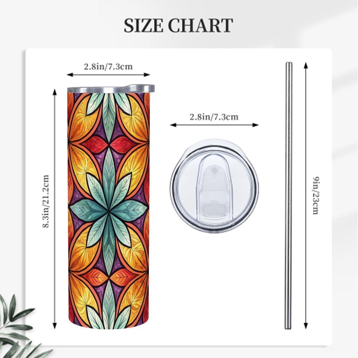 ColorFlow | Sunset Petal Mosaic 20oz Skinny Stainless Steel Tumbler with Straw | Warm Floral Geometric Pattern